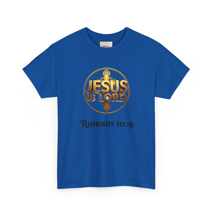 Men’s Romans 10:9 Christian T-Shirt – Jesus Is Lord & He Is Risen (Dark Lettering)