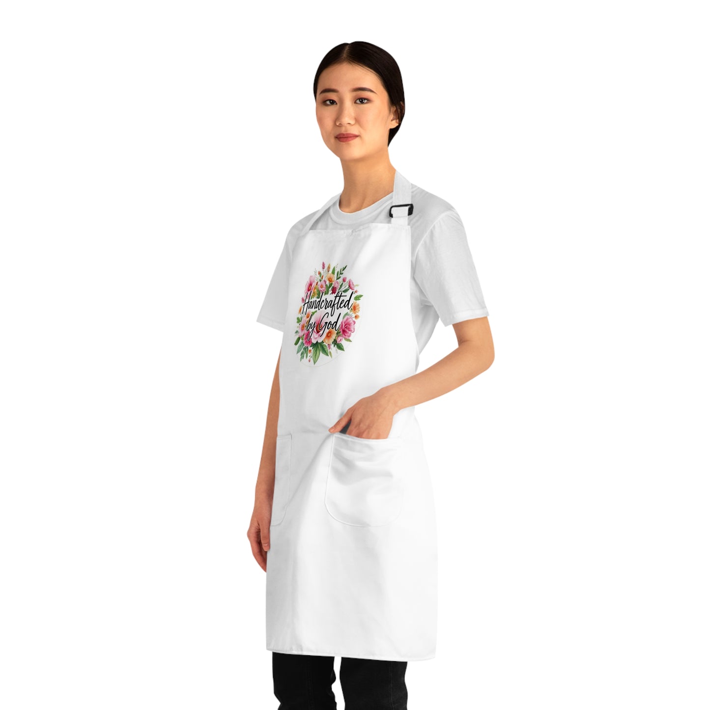 Handcrafted by God Floral Apron — Inspirational Kitchen Apron for Christian Crafters & Bakers