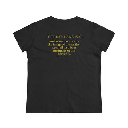 Becoming Women’s Faith Tee – Gold Cross Edition (Light Lettering, 1 Corinthians 15:49)