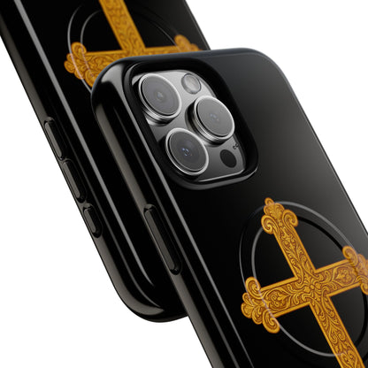 Gold Cross on Black Magnetic Tough Case for iPhone – Strength in Faith