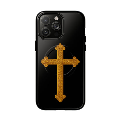 Gold Cross on Black Magnetic Tough Case for iPhone – Strength in Faith