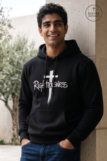 A man wearing a black pullover hoodie with a white cross graphic and the words 'Righteousness' printed on the front, leaning against a beige stone wall outdoors.