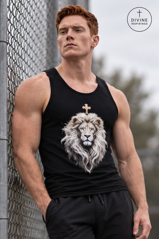 A muscular man with red hair wearing a black tank top featuring a detailed lion graphic with a gold cross on the chest, leaning against a chain-link fence outdoors. A circular 'DIVINE INSPIRINGS' logo is visible in the top right corner.