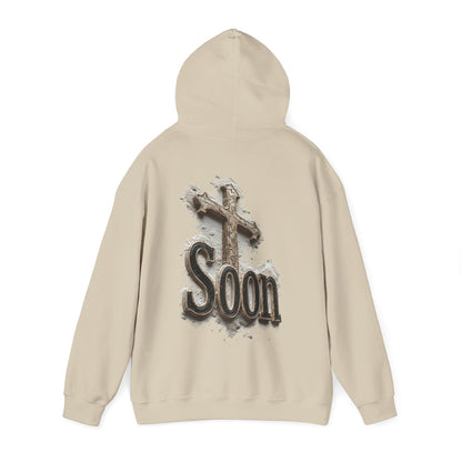 Soon: Revelation 22:12 Cross Hoodie – Men’s Christian Faithwear (Dark Lettering)