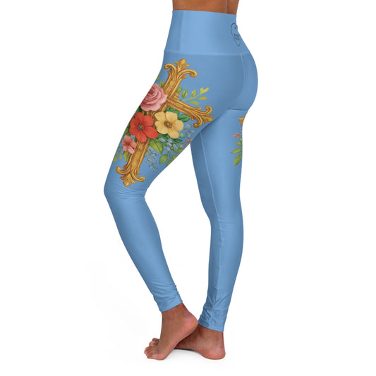 Floral Cross Graceful Fit High-Waisted Leggings in Light Blue - Christian Women's Apparel
