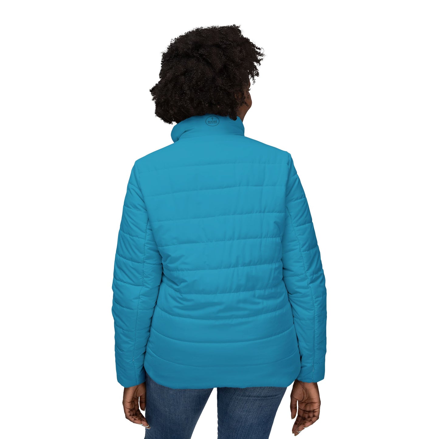 Blooming Faith Women’s Puffer Jacket in Turquoise – Floral Cross Crest