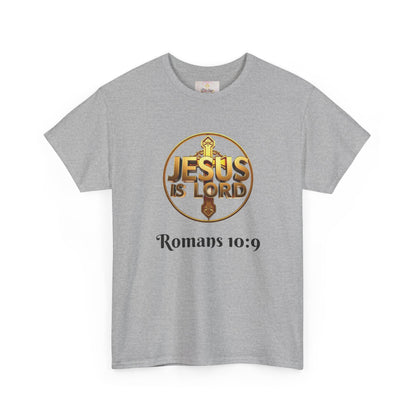 Men’s Romans 10:9 Christian T-Shirt – Jesus Is Lord & He Is Risen (Dark Lettering)