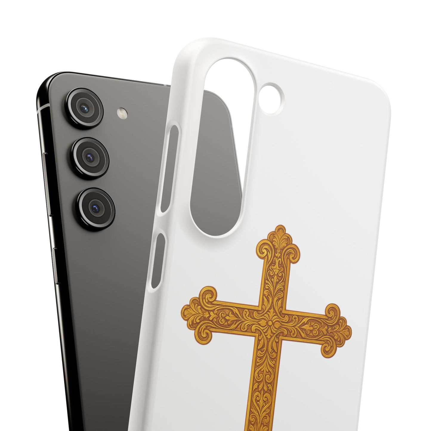 White Samsung Snap Case – Gold Cross Design