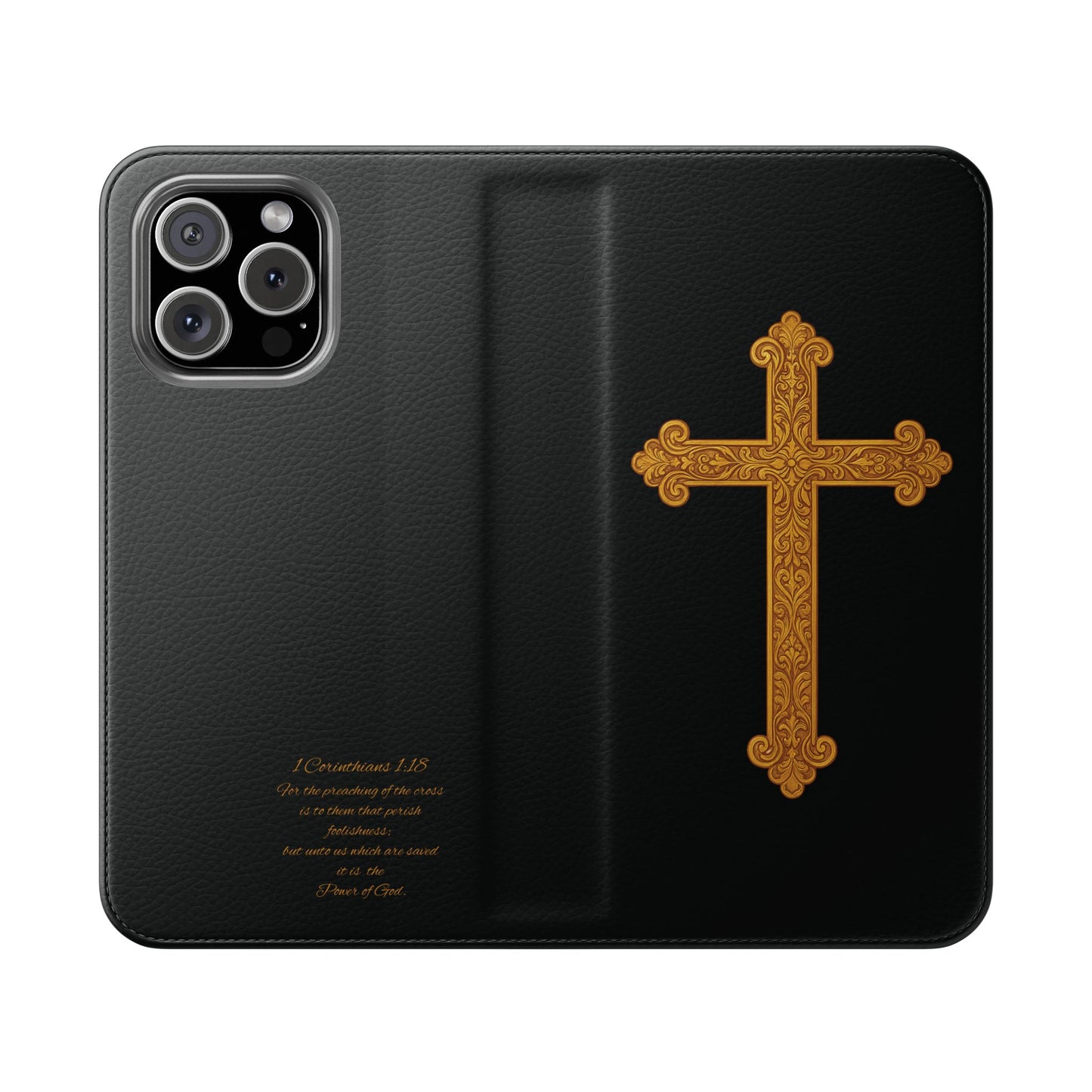 Black with Gold Cross & 1 Corinthians 1:18 - iPhone Flip/Wallet Phone Case