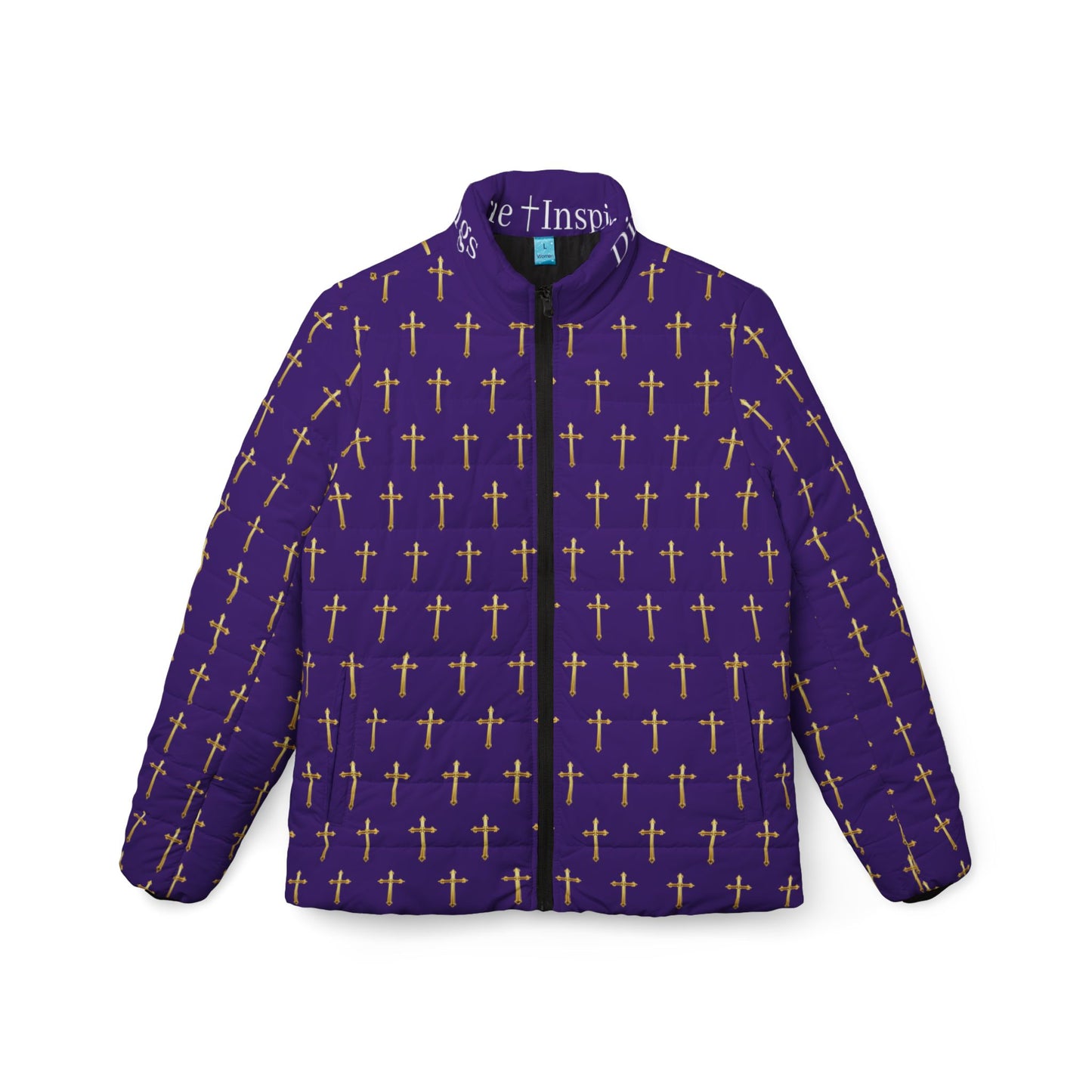 Golden Light Women’s Puffer Jacket in Purple – All-Over Cross Pattern