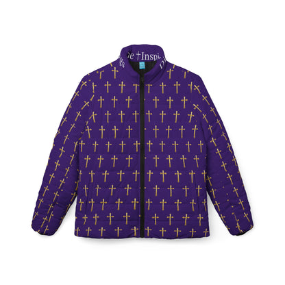 Golden Light Women’s Puffer Jacket in Purple – All-Over Cross Pattern