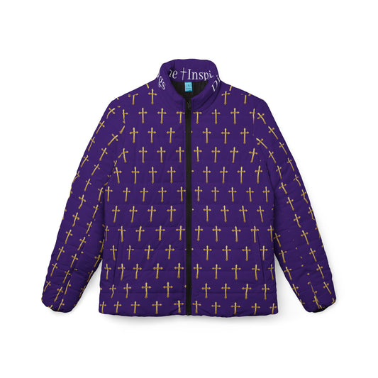 Golden Light Women’s Puffer Jacket in Purple – All-Over Cross Pattern