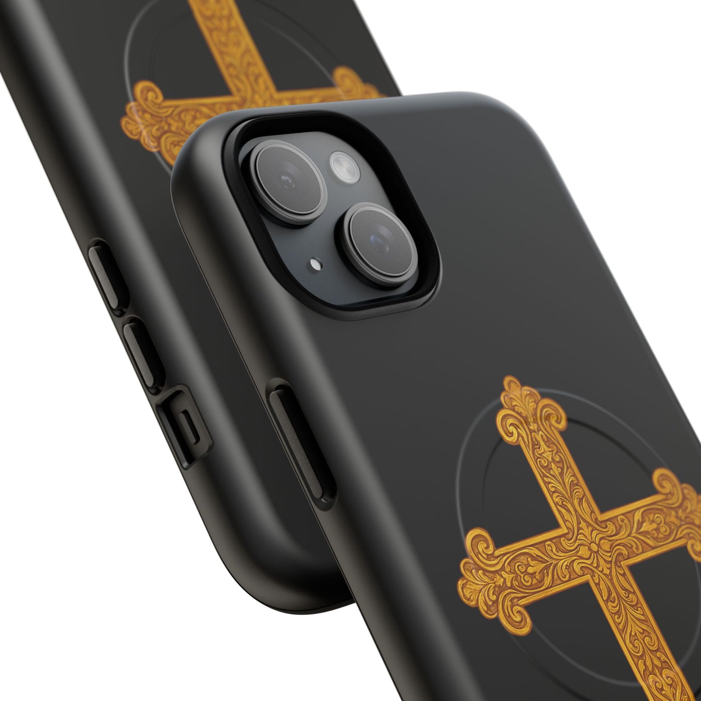 Gold Cross on Black Magnetic Tough Case for iPhone – Strength in Faith