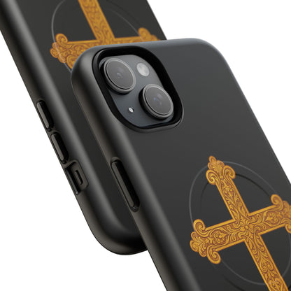 Gold Cross on Black Magnetic Tough Case for iPhone – Strength in Faith