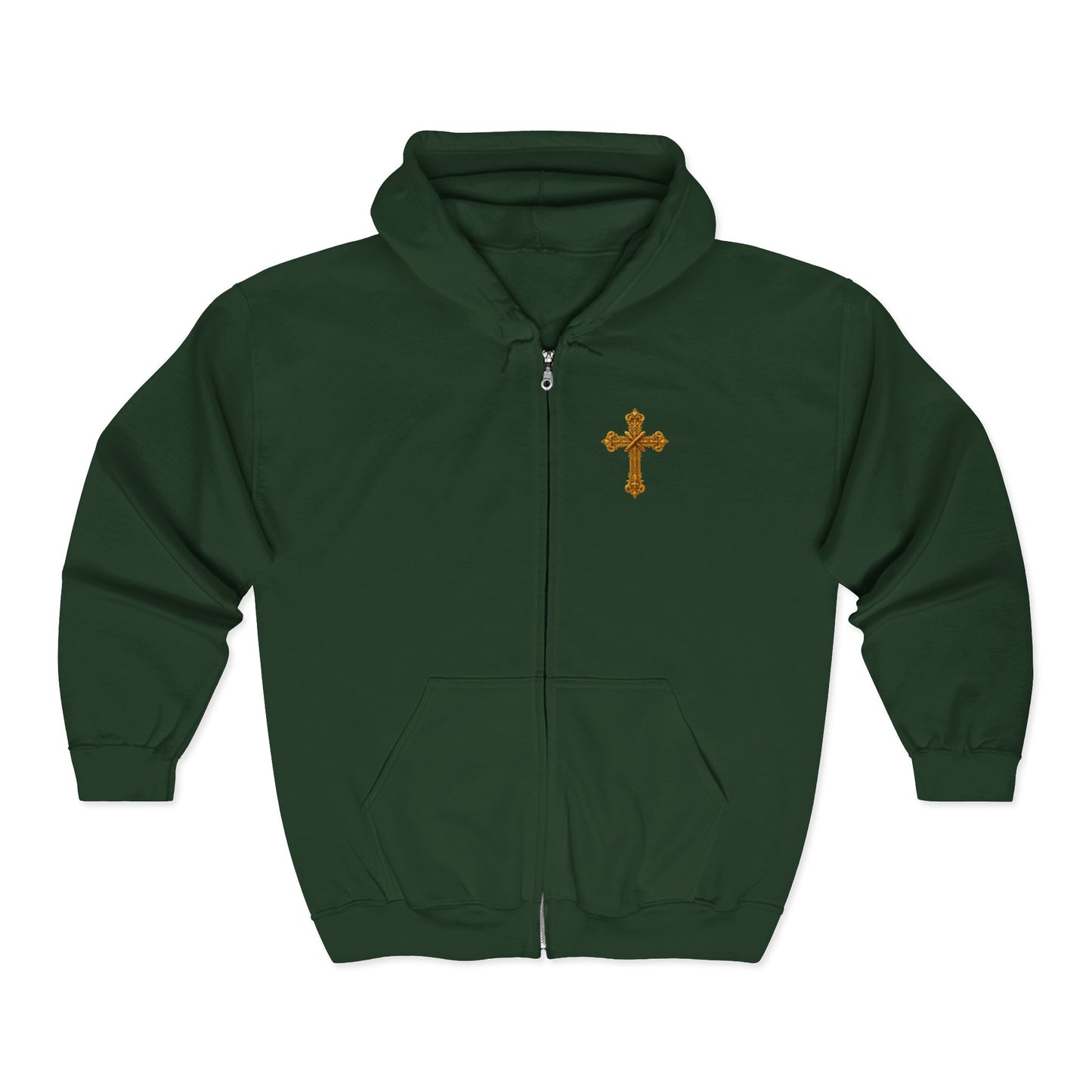 Men’s Ornate Gold Cross Zip-Up Hoodie – Spiritual Elegance & Comfort
