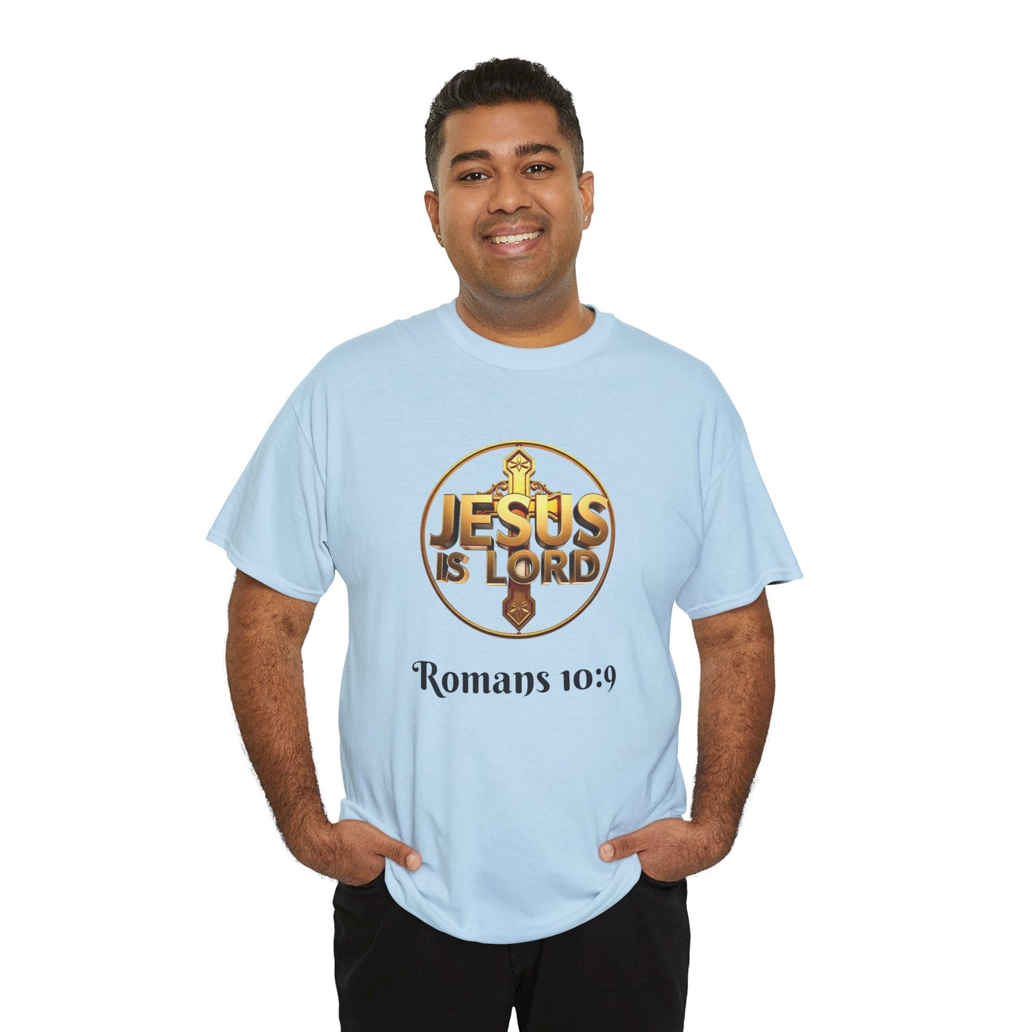 Men’s Romans 10:9 Christian T-Shirt – Jesus Is Lord & He Is Risen (Dark Lettering)