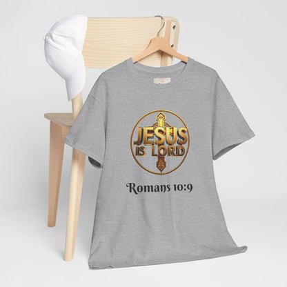Men’s Romans 10:9 Christian T-Shirt – Jesus Is Lord & He Is Risen (Dark Lettering)