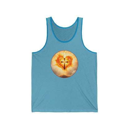 Women’s Sacred Heart Tank Top – Flaming Heart & Cross – Christian Devotional Wear