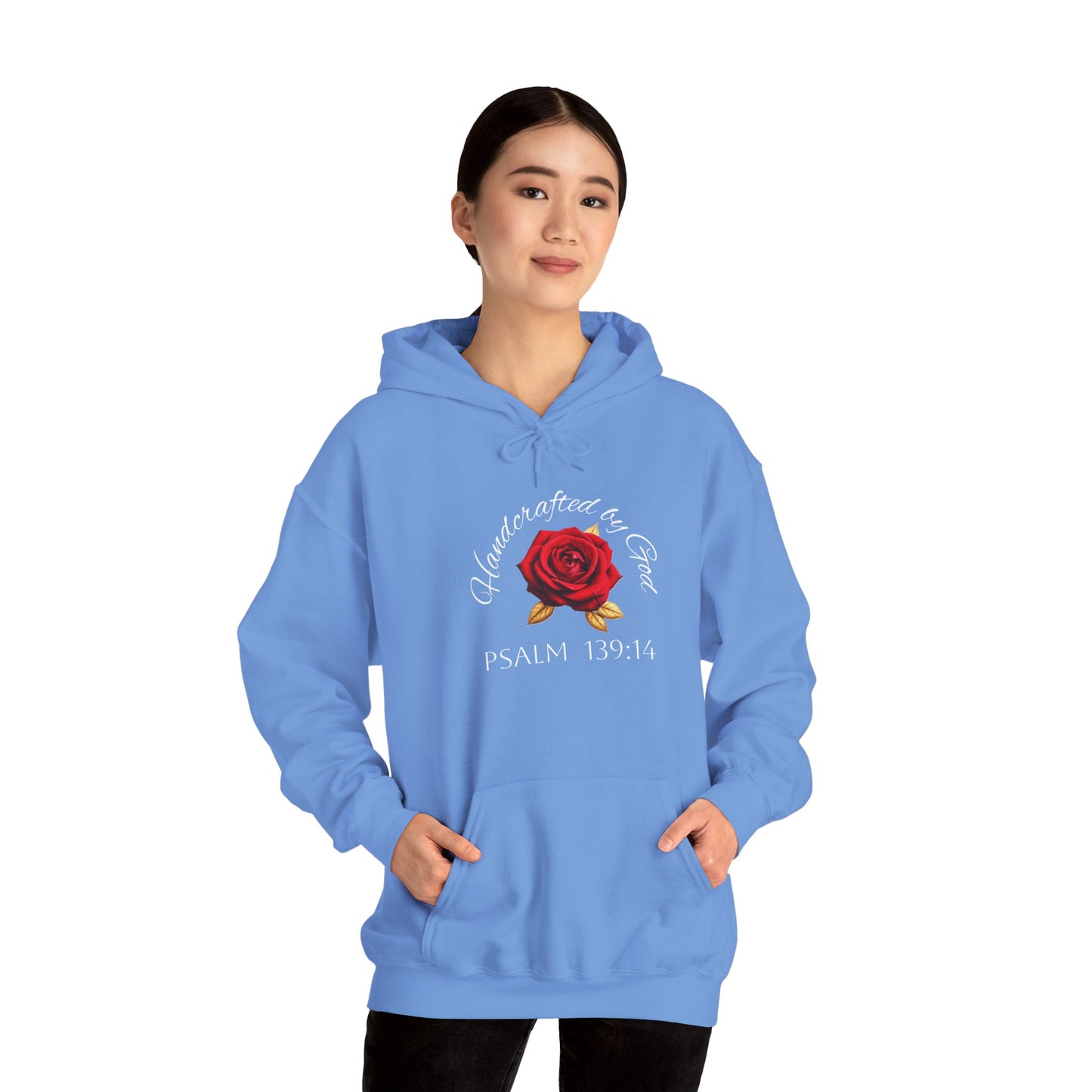 Handcrafted by God Rose Hoodie – White Lettering, Psalm 139:14