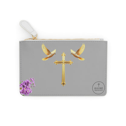 “Heaven’s Embrace” | Women’s Mini Clutch in Grey – Gold Cross with Flying Doves