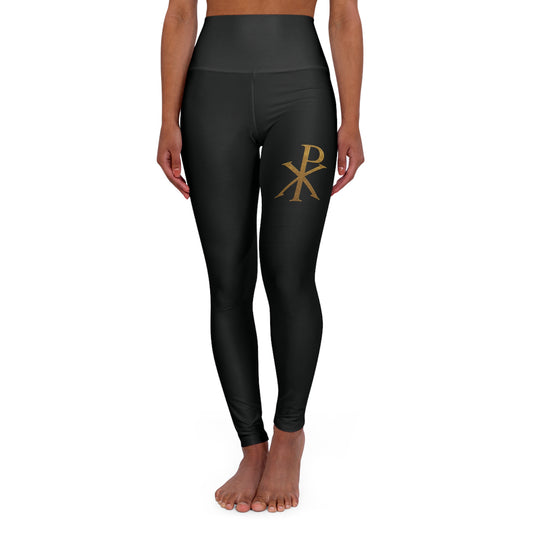 Chi Rho Women’s High-Waisted Yoga Leggings in Black – Strength and Victory in Christ