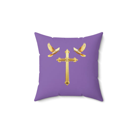 Soaring in Faith in Mauve – Gold Cross & Doves Throw Pillow