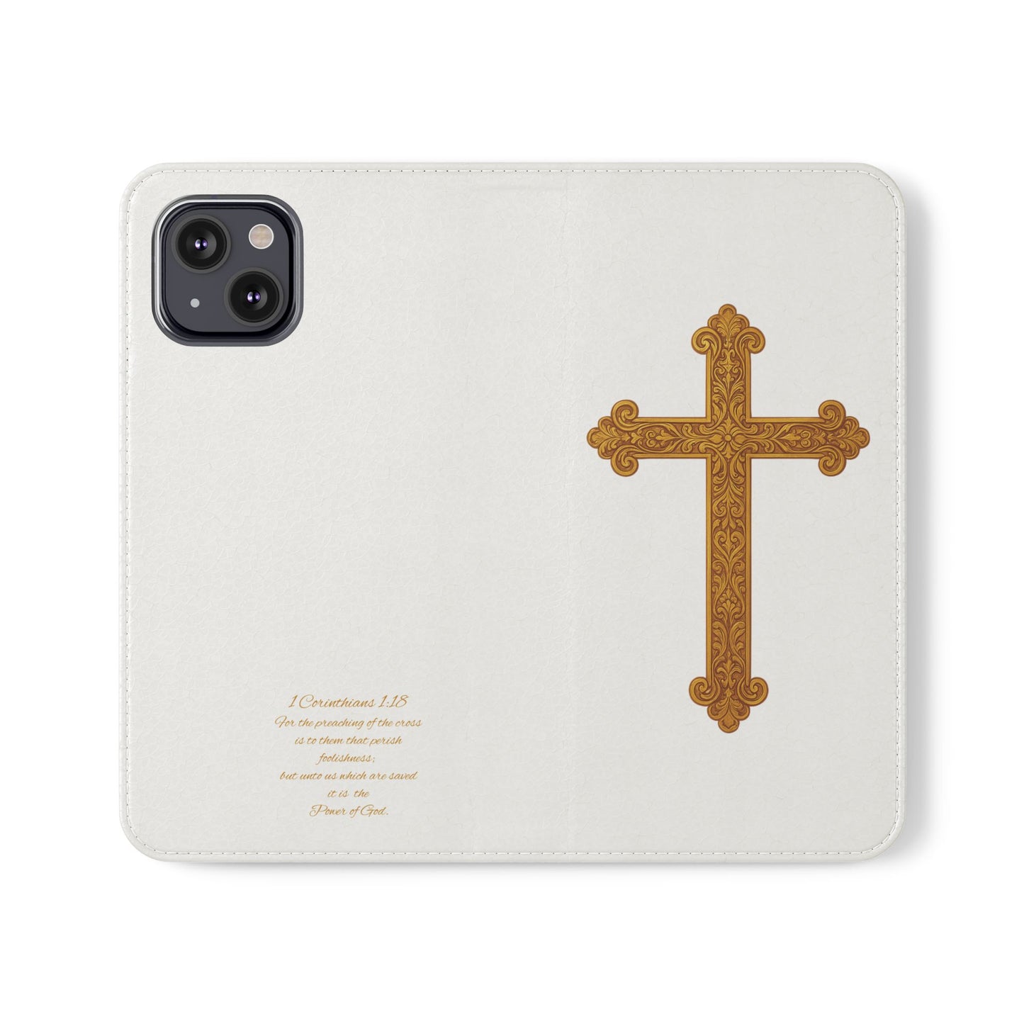 White Wallet Case – Gold Cross with 1 Corinthians 1:18 for iPhones