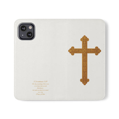 White Wallet Case – Gold Cross with 1 Corinthians 1:18 for iPhones