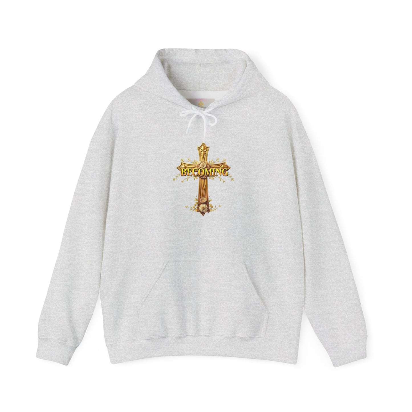 Becoming Women’s Faith Hoodie – Gold Cross Edition (1 Corinthians 15:49)