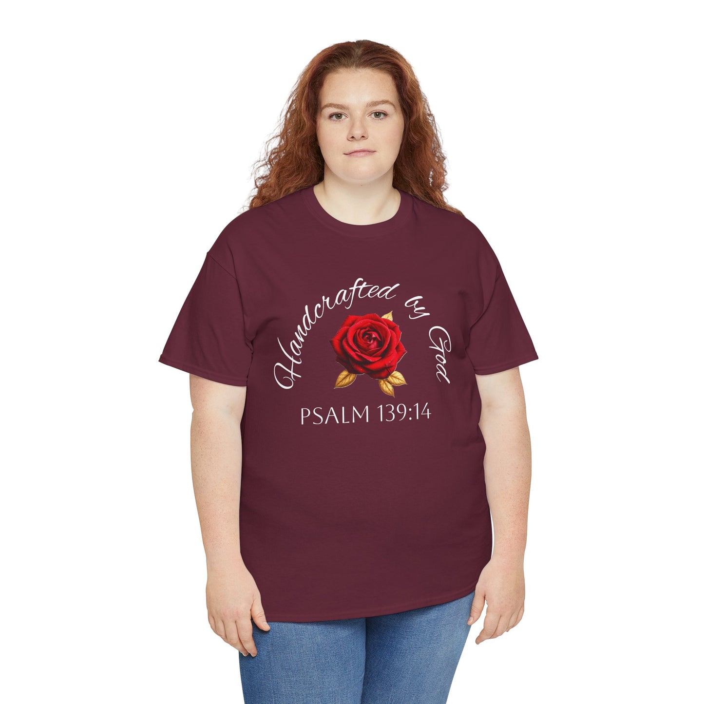 Handcrafted by God (Rose) - Woman's Christian T-Shirt (White Lettering)