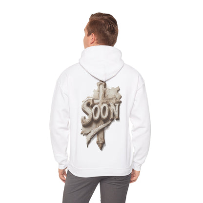 “Soon” Cross Men’s Hoodie – Back Print Faith Statement