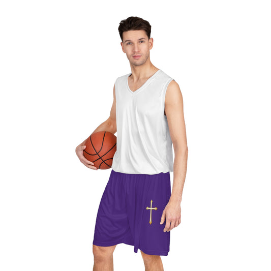 Men’s Modern Gold Cross Basketball Shorts in Purple – Sleek Faith-Inspired Design