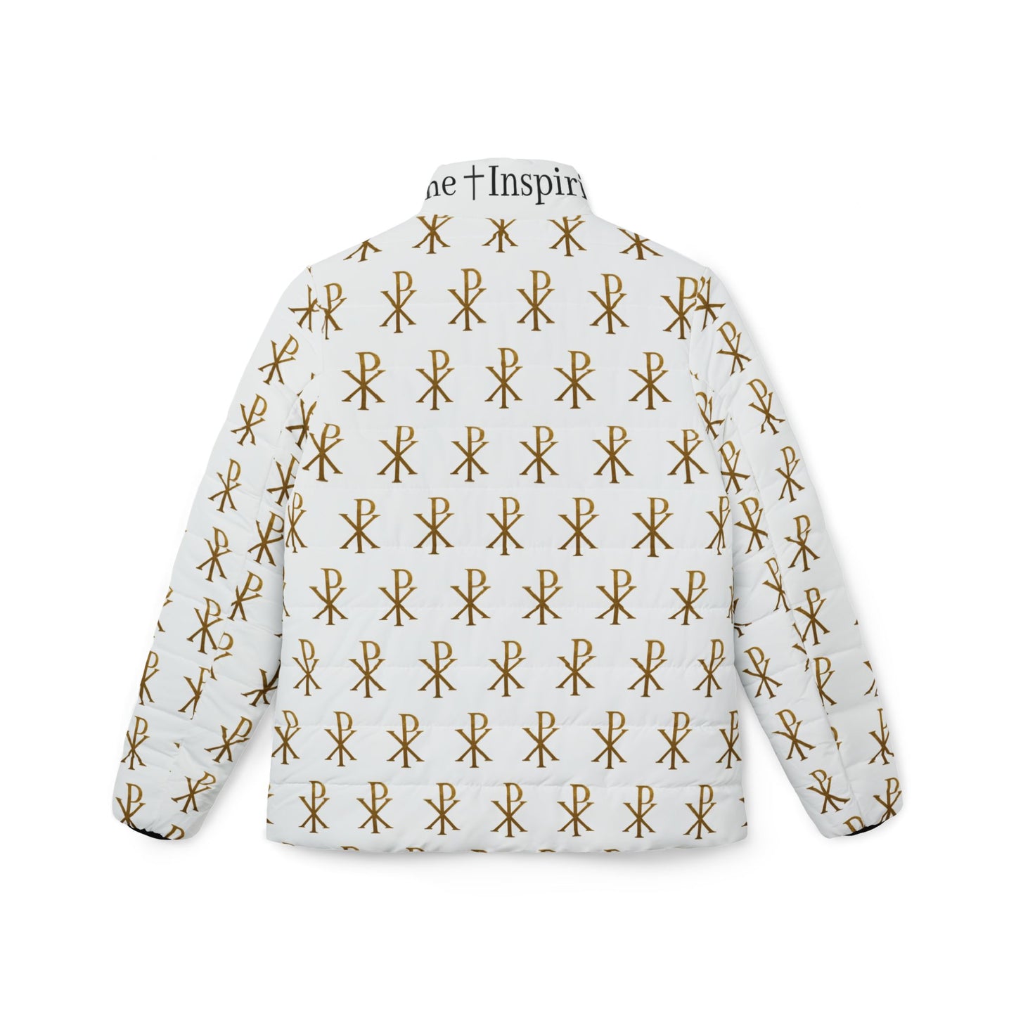 Radiant Victory Women’s Puffer Jacket – Gold Chi Rho Pattern