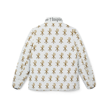 Radiant Victory Women’s Puffer Jacket – Gold Chi Rho Pattern