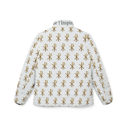 Radiant Victory Women’s Puffer Jacket – Gold Chi Rho Pattern
