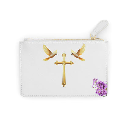 “Heaven’s Embrace” | Women’s Mini Clutch – Gold Cross with Flying Doves