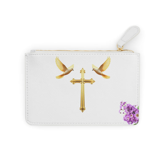 “Heaven’s Embrace” | Women’s Mini Clutch – Gold Cross with Flying Doves
