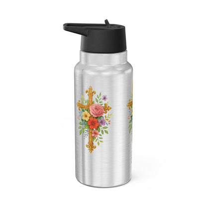 Floral Cross Stainless Steel Gator Tumbler – Faith-Inspired Hydration