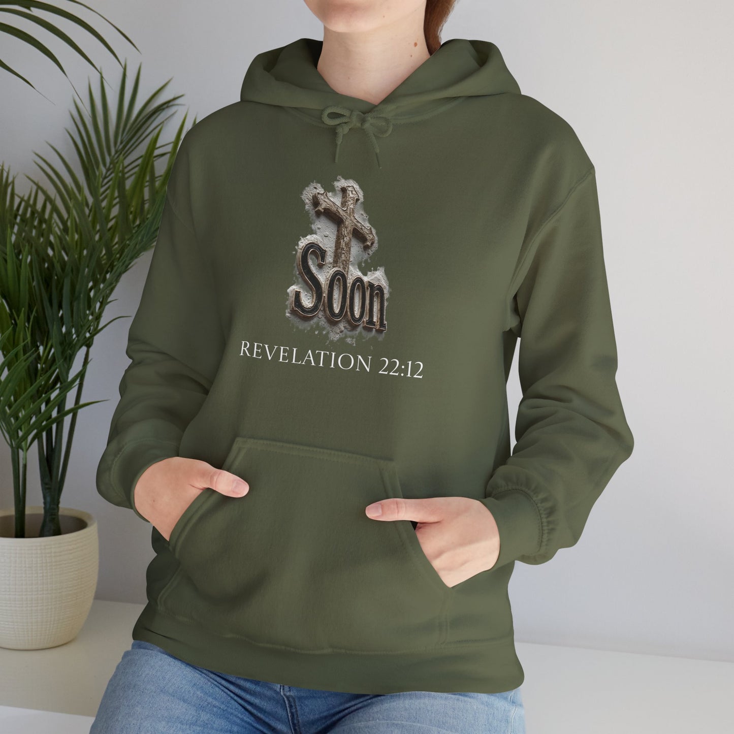 Christian Women’s Hoodie – Soon Cross Hoodie with Revelation 22:12 (White Lettering)