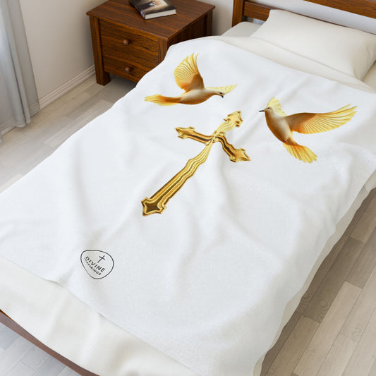 Divine Harmony Plush Blanket – Gold Cross with Doves on White