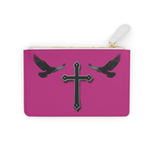 “Shadowed Faith” | Women’s Mini Clutch in Fuchsia – Black Cross with Flanking Crows