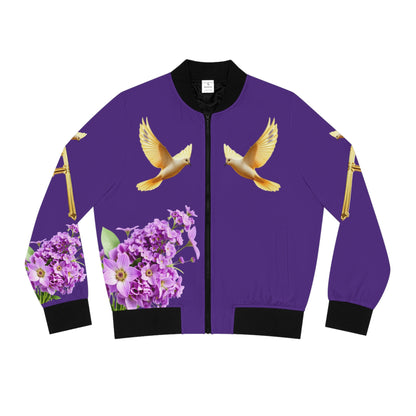 Heavenly Ascent – Gold Cross & Doves Women’s Bomber Jacket in Purple