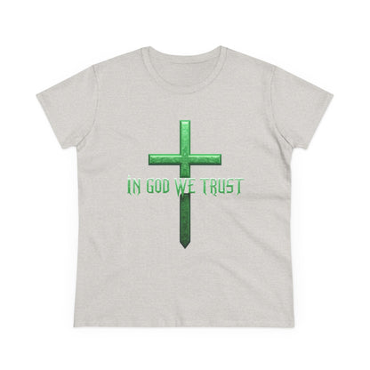 Faith Anchored – “In God We Trust” Women’s Christian Tee with Cross