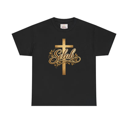 Selah Cross Tee — Women's Christian T‑Shirt with Gold Script