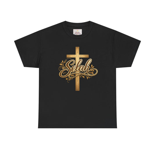 Selah Cross Tee — Women's Christian T‑Shirt with Gold Script