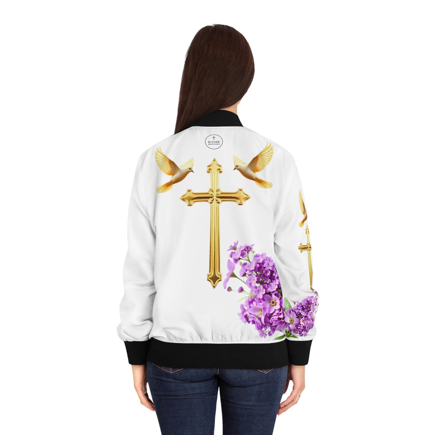Heavenly Ascent – Gold Cross & Doves Women’s Bomber Jacket