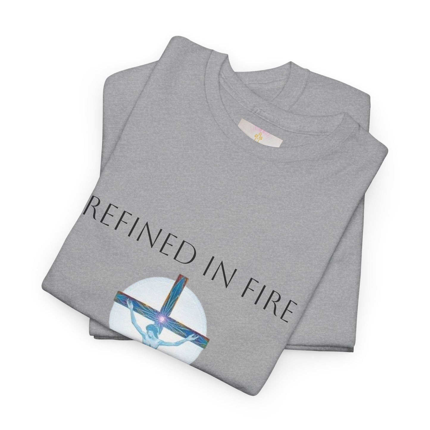 Refined in Fire Christian T-Shirt – Modern Cross Design (Dark Lettering)