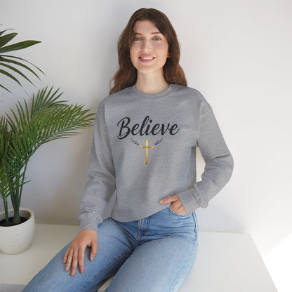 Believe Women’s Christian Sweatshirt – Golden Cross