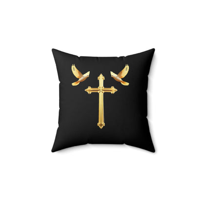 Soaring in Faith in Black – Gold Cross & Doves Throw Pillow