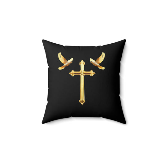 Soaring in Faith in Black – Gold Cross & Doves Throw Pillow
